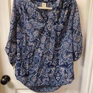 Faded Glory Blue and White Wrap Blouse with 3/4 Sleeves